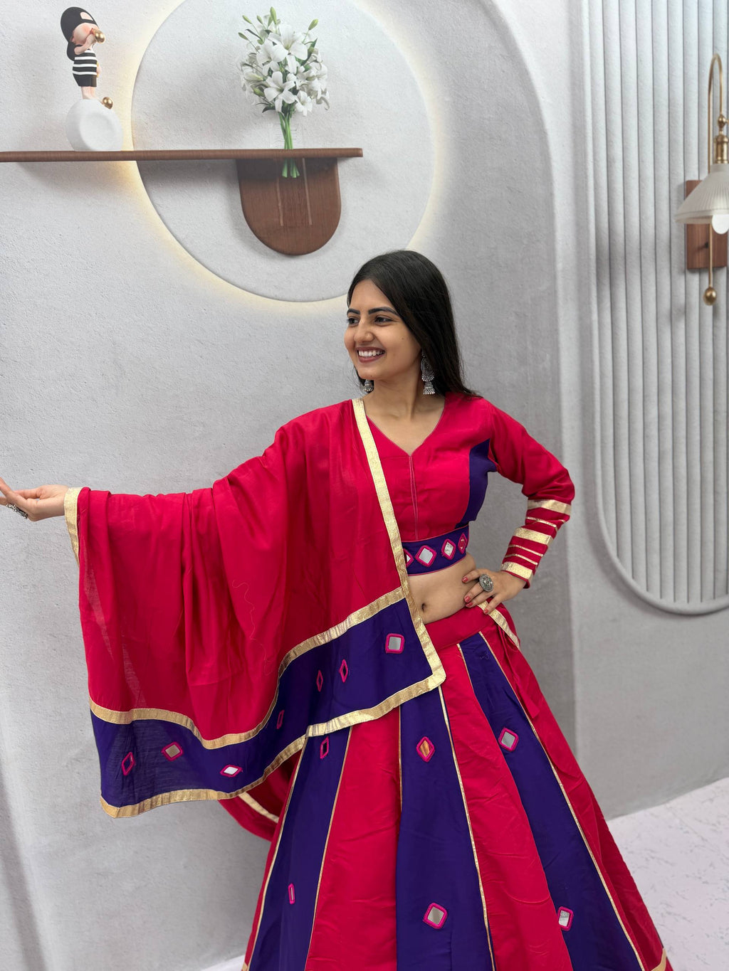Jhilmil Roman Silk Lehenga Choli Set with Mirror Work for Women