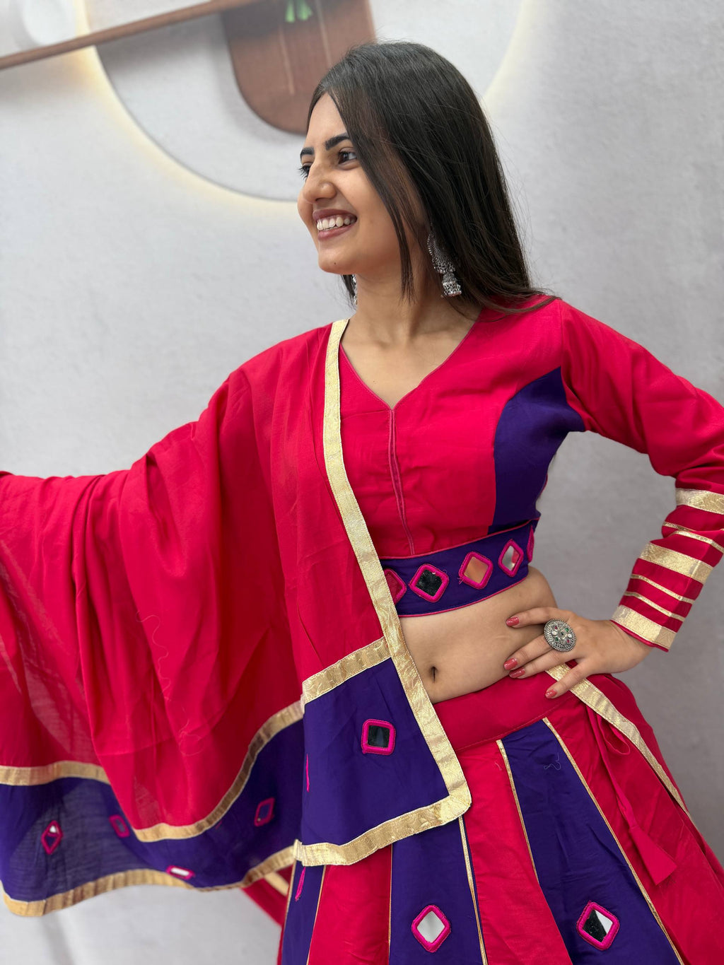 Jhilmil Roman Silk Lehenga Choli Set with Mirror Work for Women