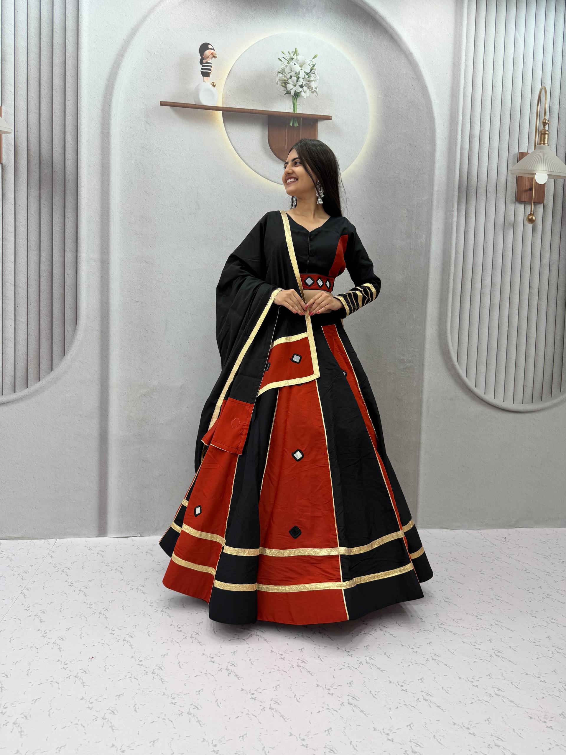 Jhilmil Roman Silk Lehenga Choli Set with Mirror Work for Women