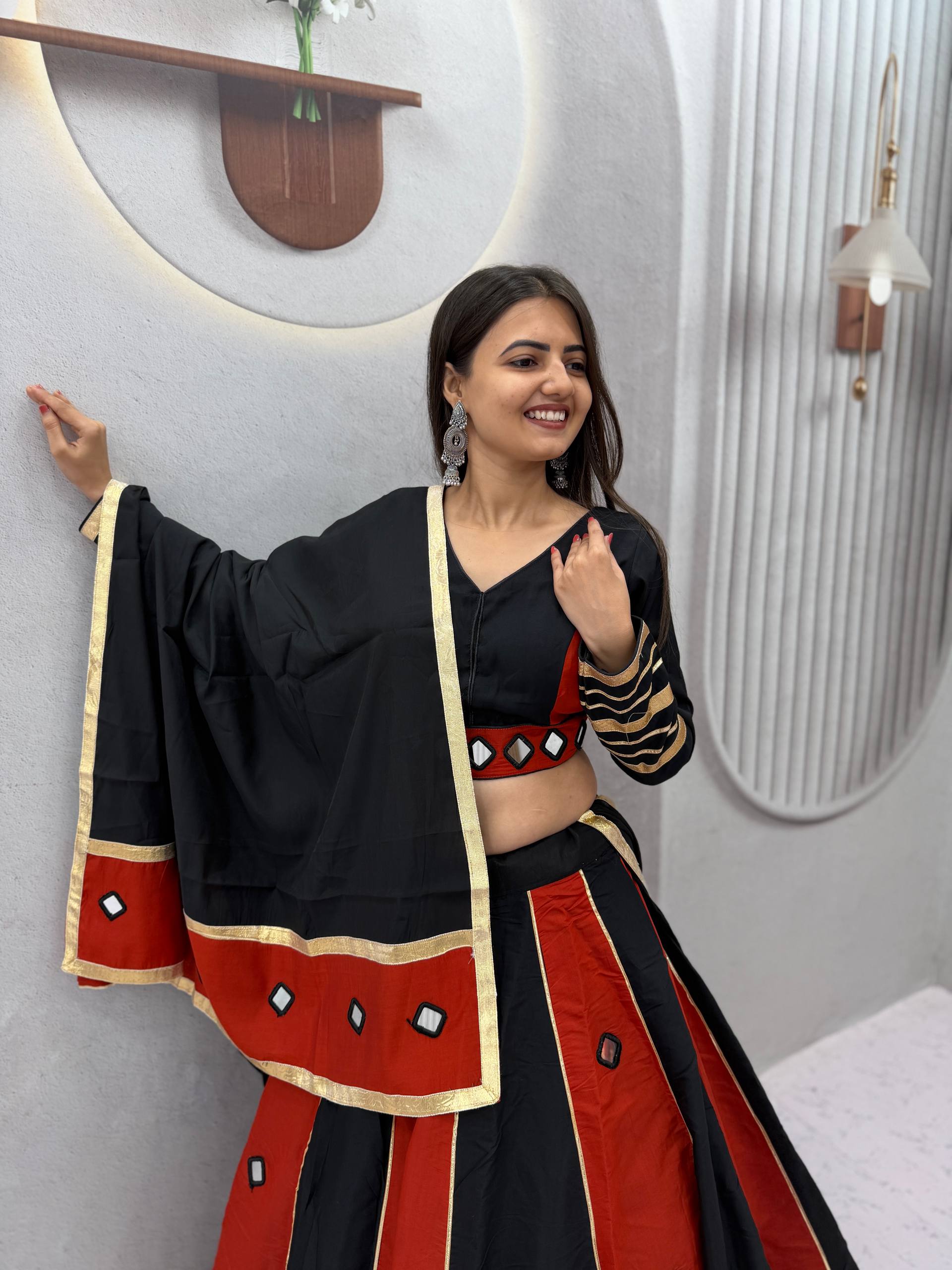 Jhilmil Roman Silk Lehenga Choli Set with Mirror Work for Women