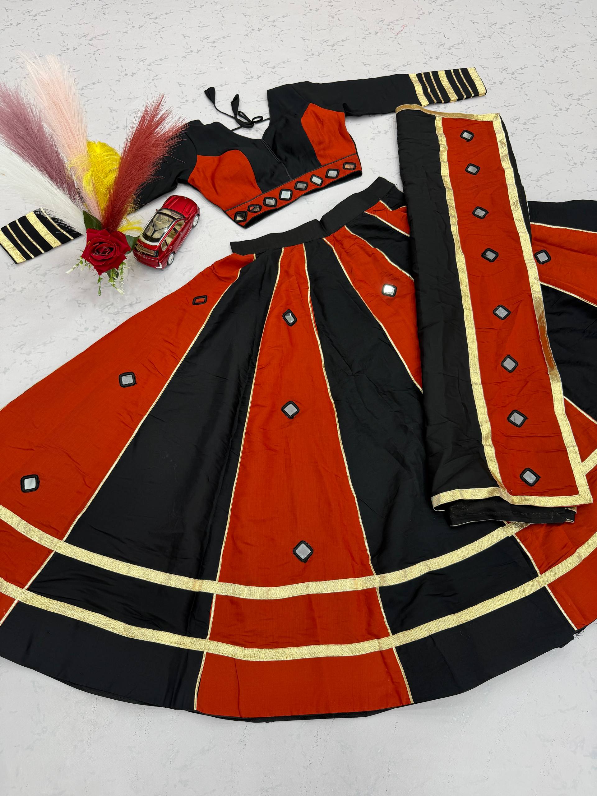 Jhilmil Roman Silk Lehenga Choli Set with Mirror Work for Women