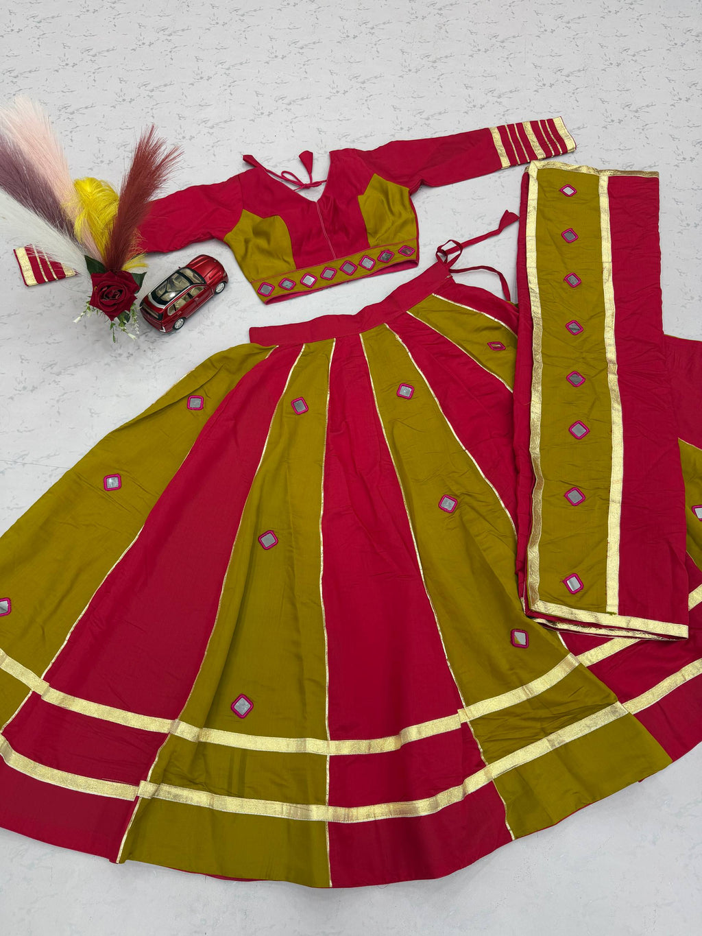 Jhilmil Roman Silk Lehenga Choli Set with Mirror Work for Women