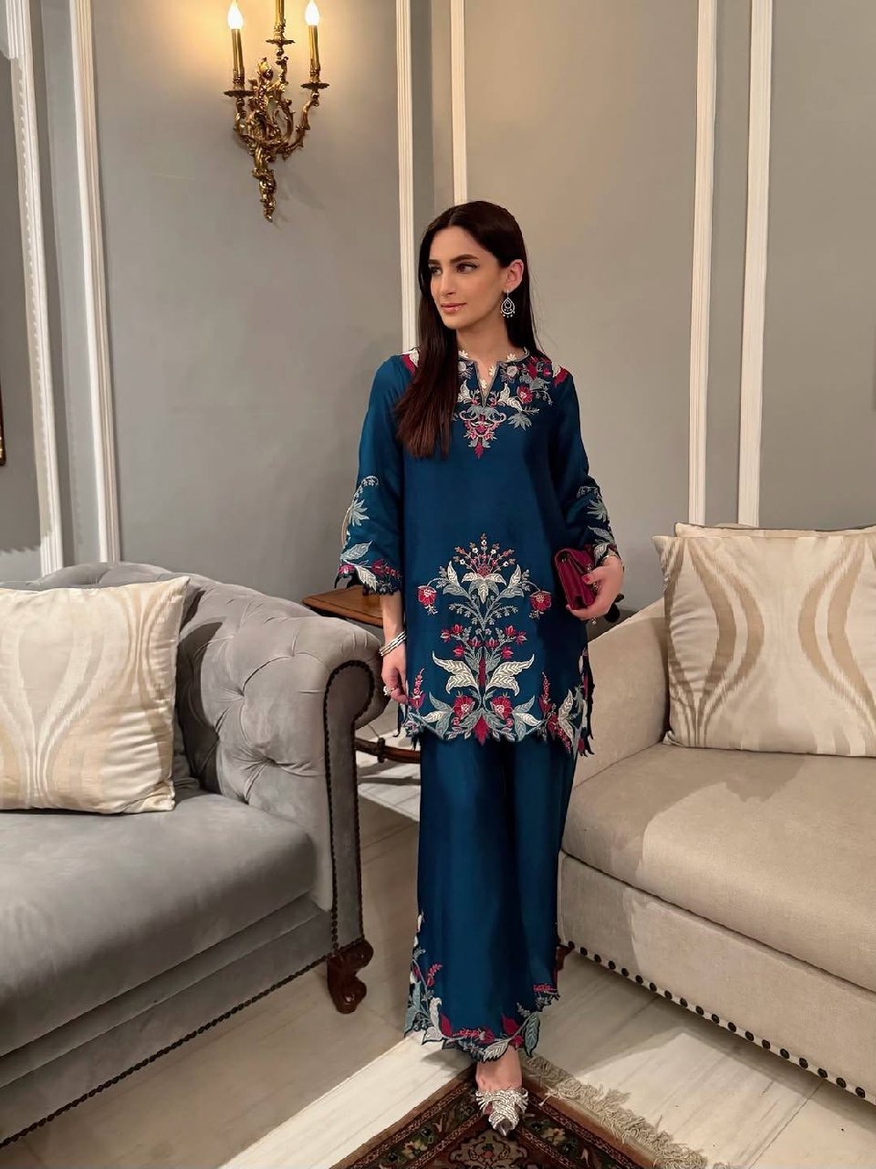 French Crepe Embroidered Palazzo Suit with Designer Cut Work