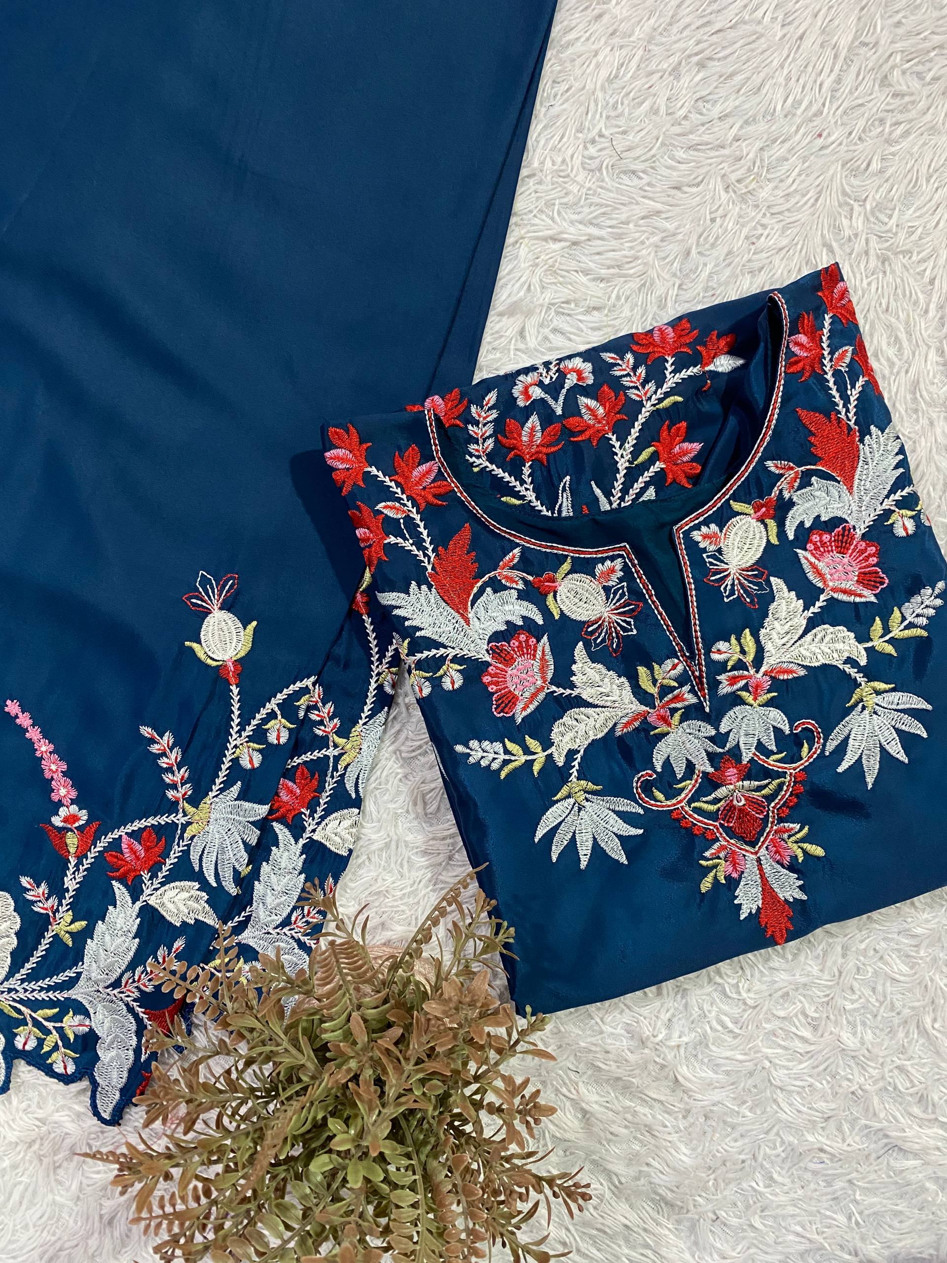 French Crepe Embroidered Palazzo Suit with Designer Cut Work