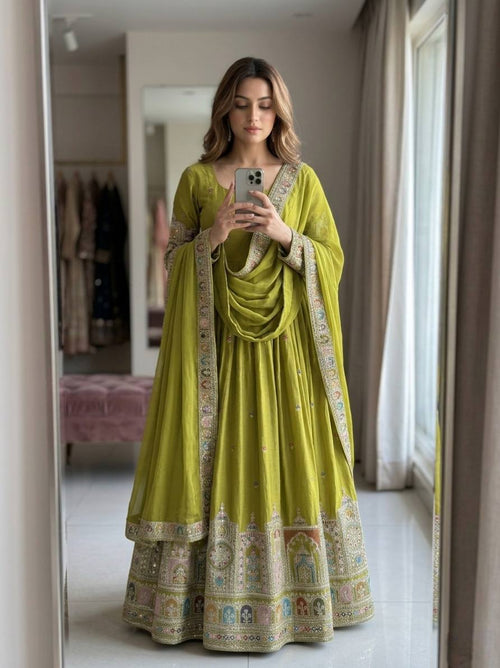 Aarvika Chinon Silk Coding Dori & Sequins Embroidered Gown with Pant & Dupatta