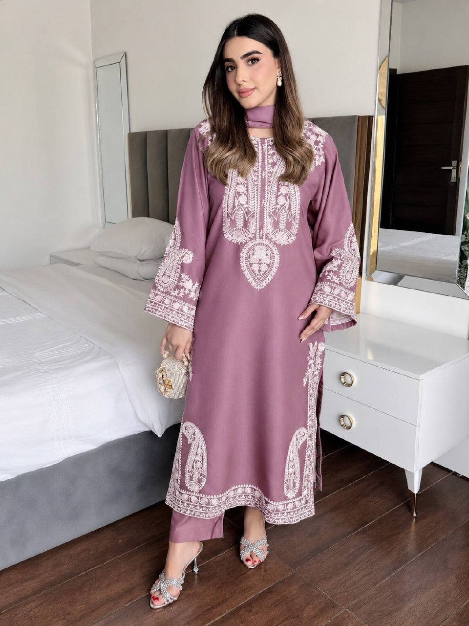 Aarunya Soft Chinon Silk Thread Embroidered Kurti with Palazzo & Georgette Dupatta