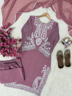 Aarunya Soft Chinon Silk Thread Embroidered Kurti with Palazzo & Georgette Dupatta