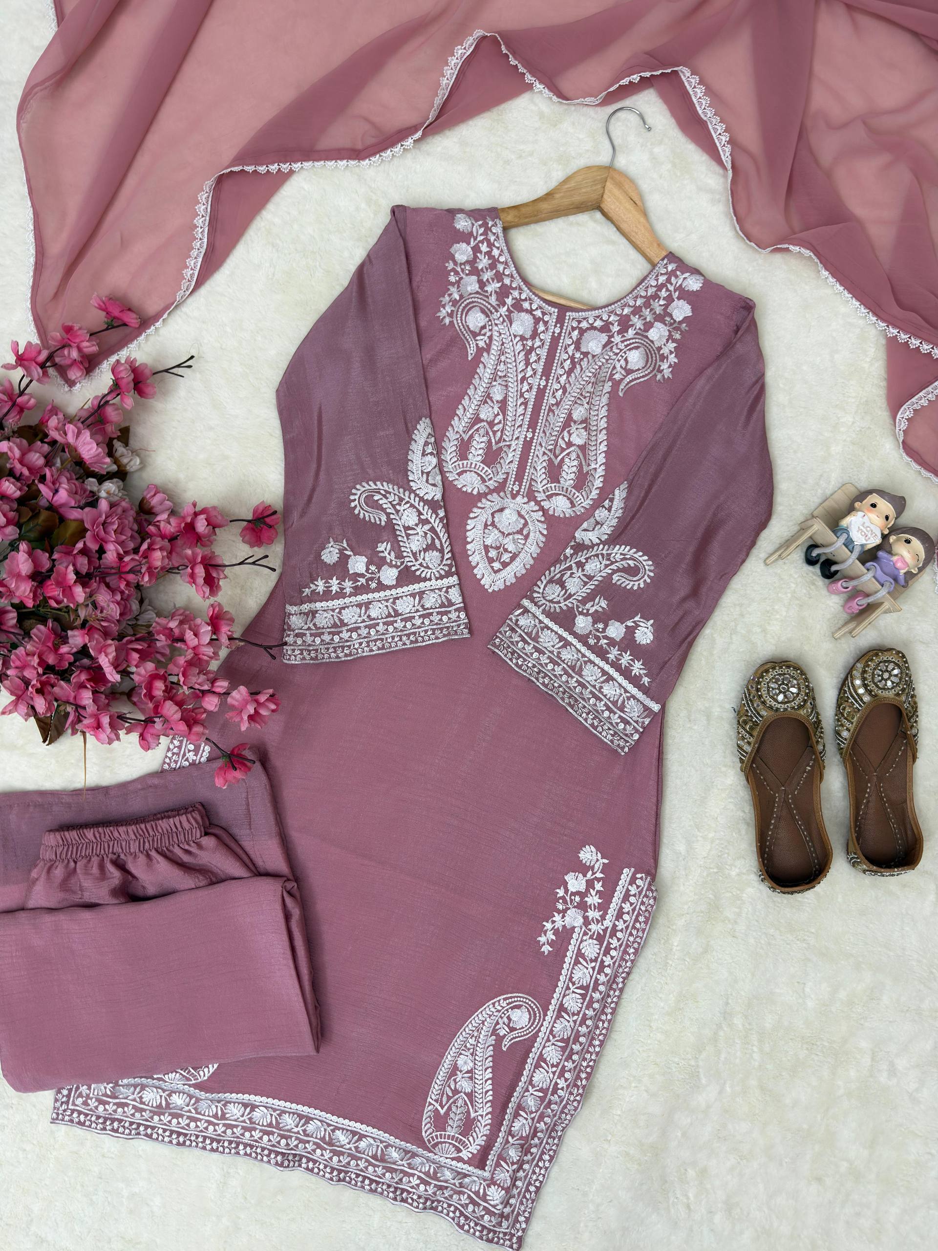 Aarunya Soft Chinon Silk Thread Embroidered Kurti with Palazzo & Georgette Dupatta
