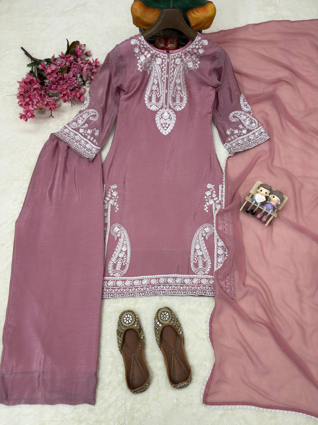 Aarunya Soft Chinon Silk Thread Embroidered Kurti with Palazzo & Georgette Dupatta