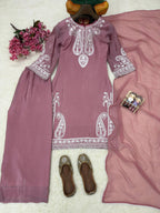 Aarunya Soft Chinon Silk Thread Embroidered Kurti with Palazzo & Georgette Dupatta
