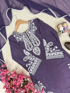 Aarunya Soft Chinon Silk Thread Embroidered Kurti with Palazzo & Georgette Dupatta