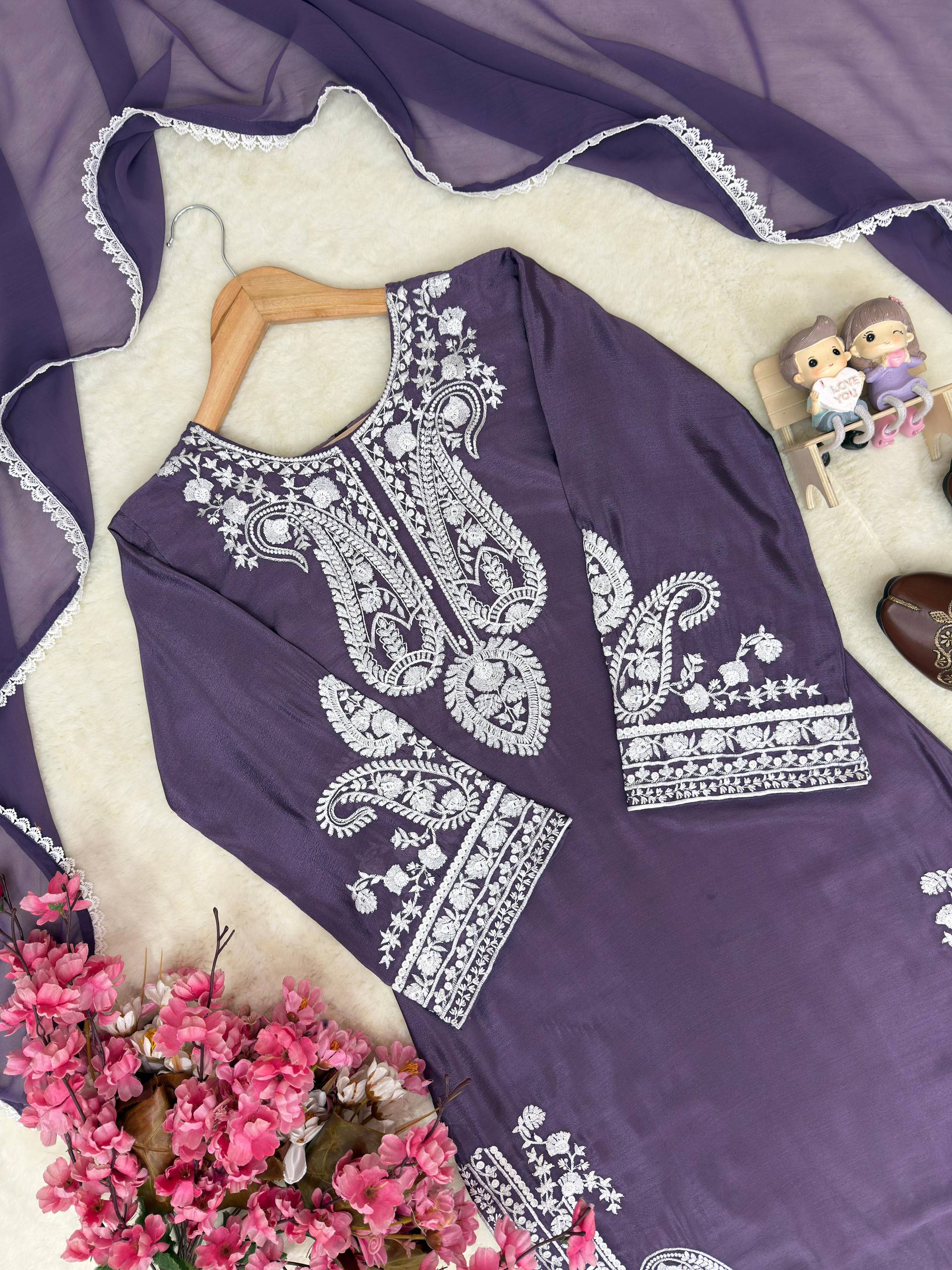 Aarunya Soft Chinon Silk Thread Embroidered Kurti with Palazzo & Georgette Dupatta