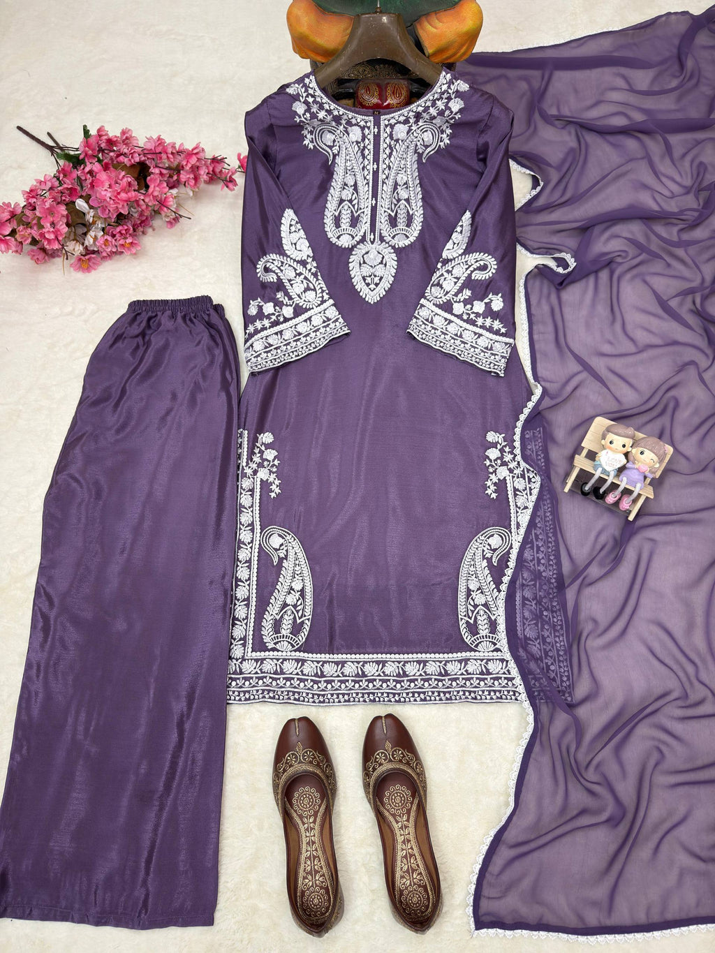 Aarunya Soft Chinon Silk Thread Embroidered Kurti with Palazzo & Georgette Dupatta