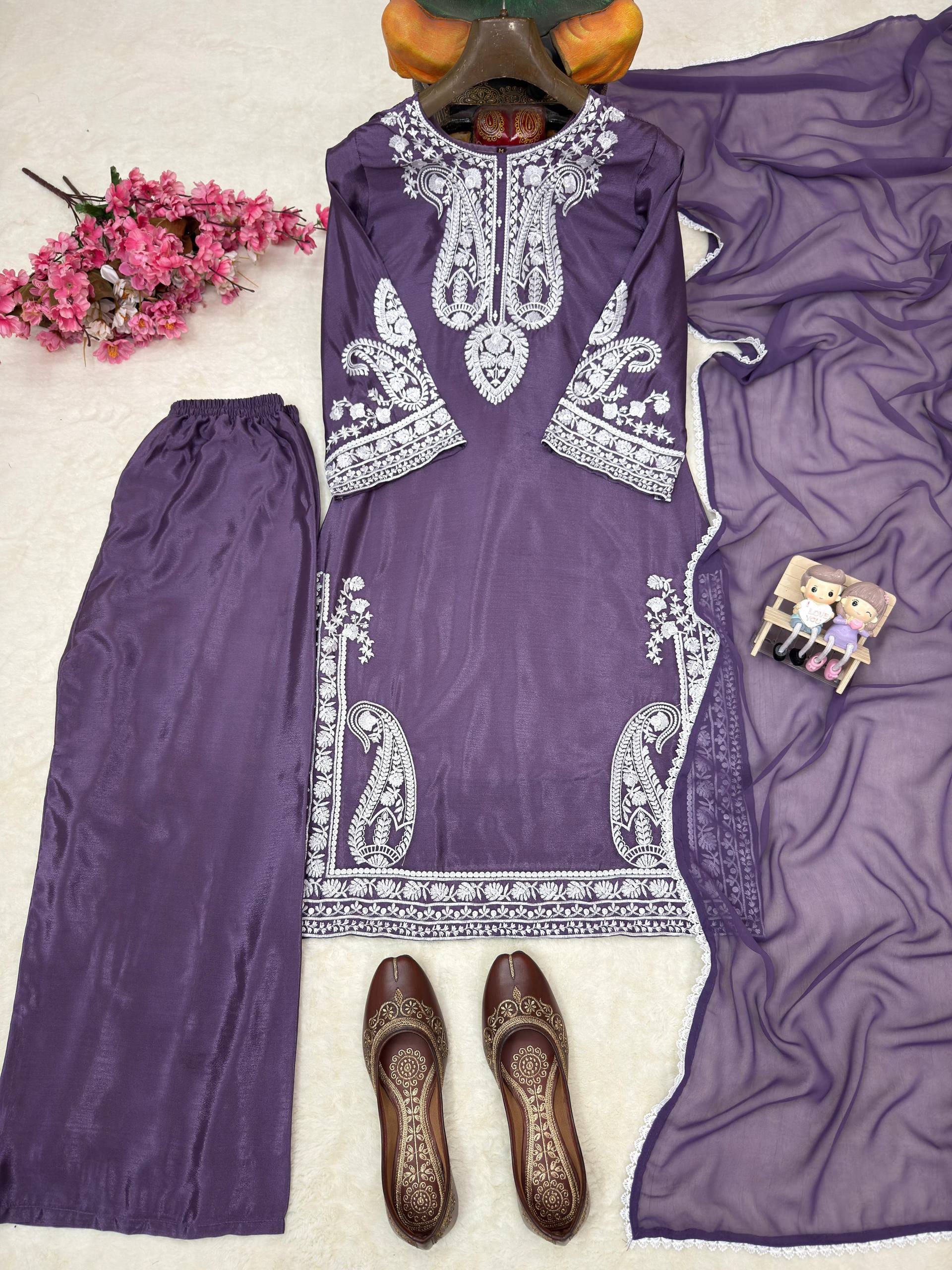 Aarunya Soft Chinon Silk Thread Embroidered Kurti with Palazzo & Georgette Dupatta