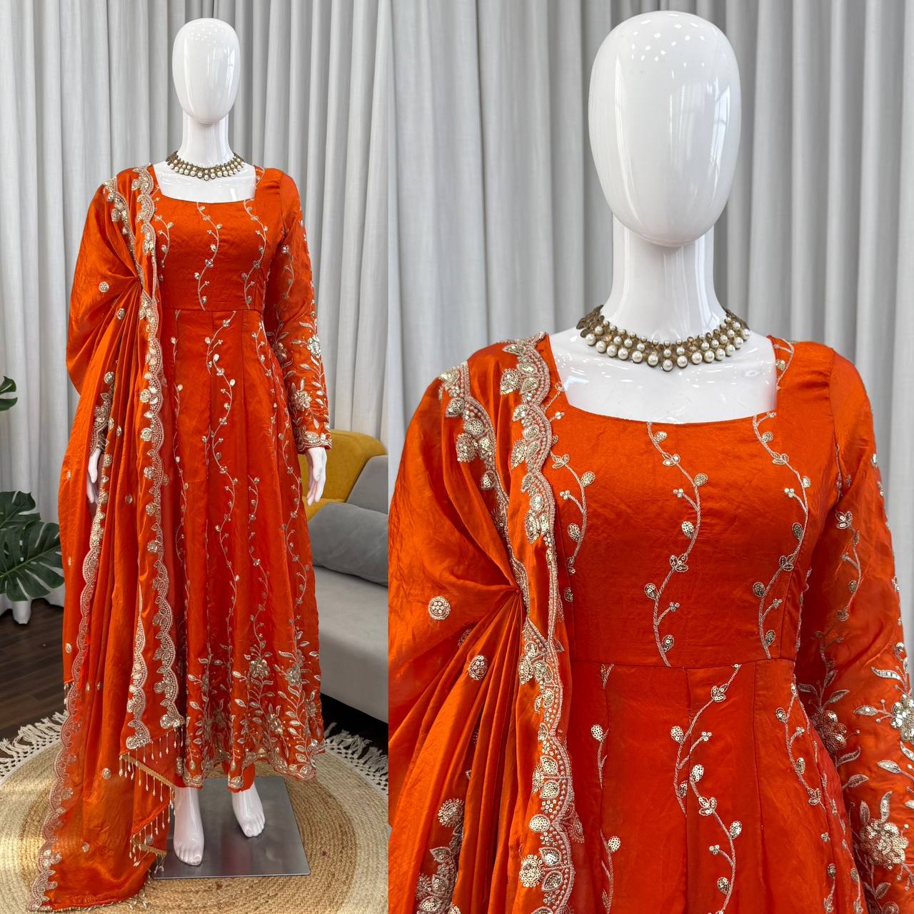 Noor Elara Designer Fendy Silk Thread & Sequins Embroidered Anarkali Suit Set with Pants