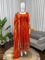Noor Elara Designer Fendy Silk Thread & Sequins Embroidered Anarkali Suit Set with Pants
