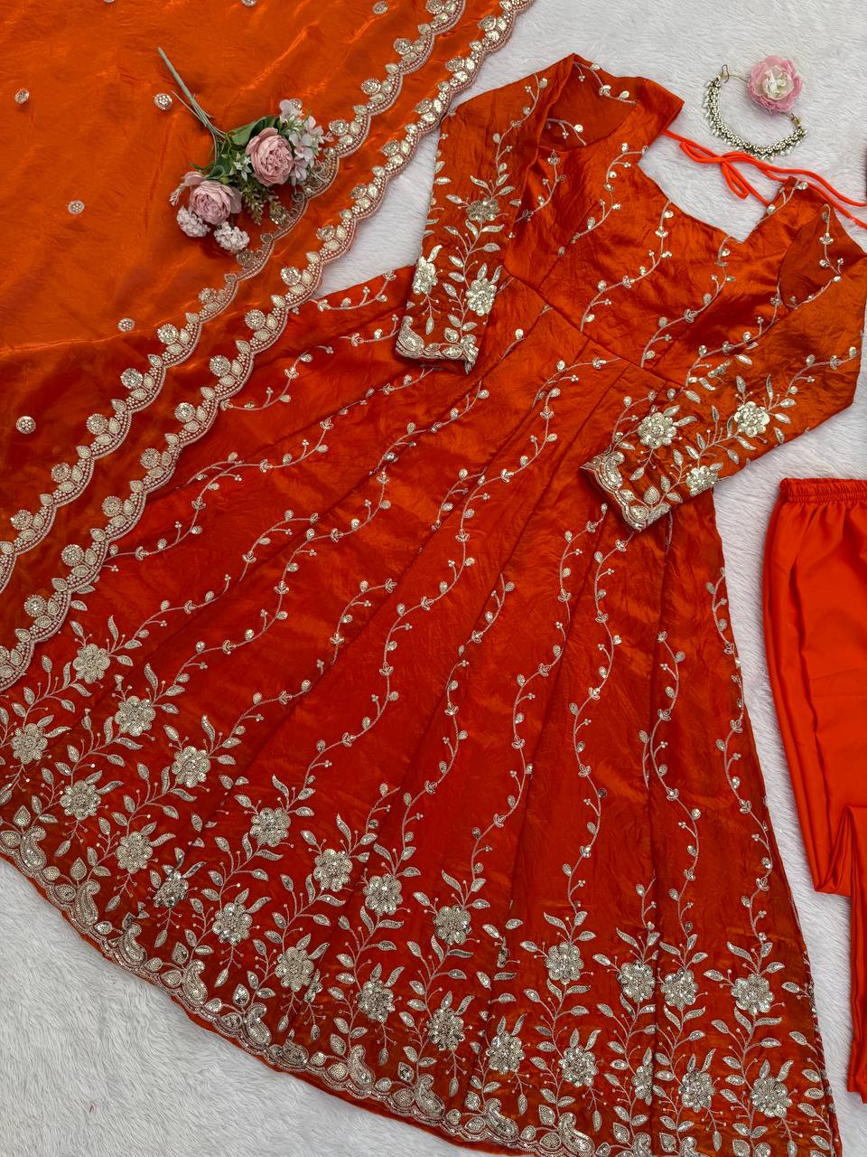Noor Elara Designer Fendy Silk Thread & Sequins Embroidered Anarkali Suit Set with Pants
