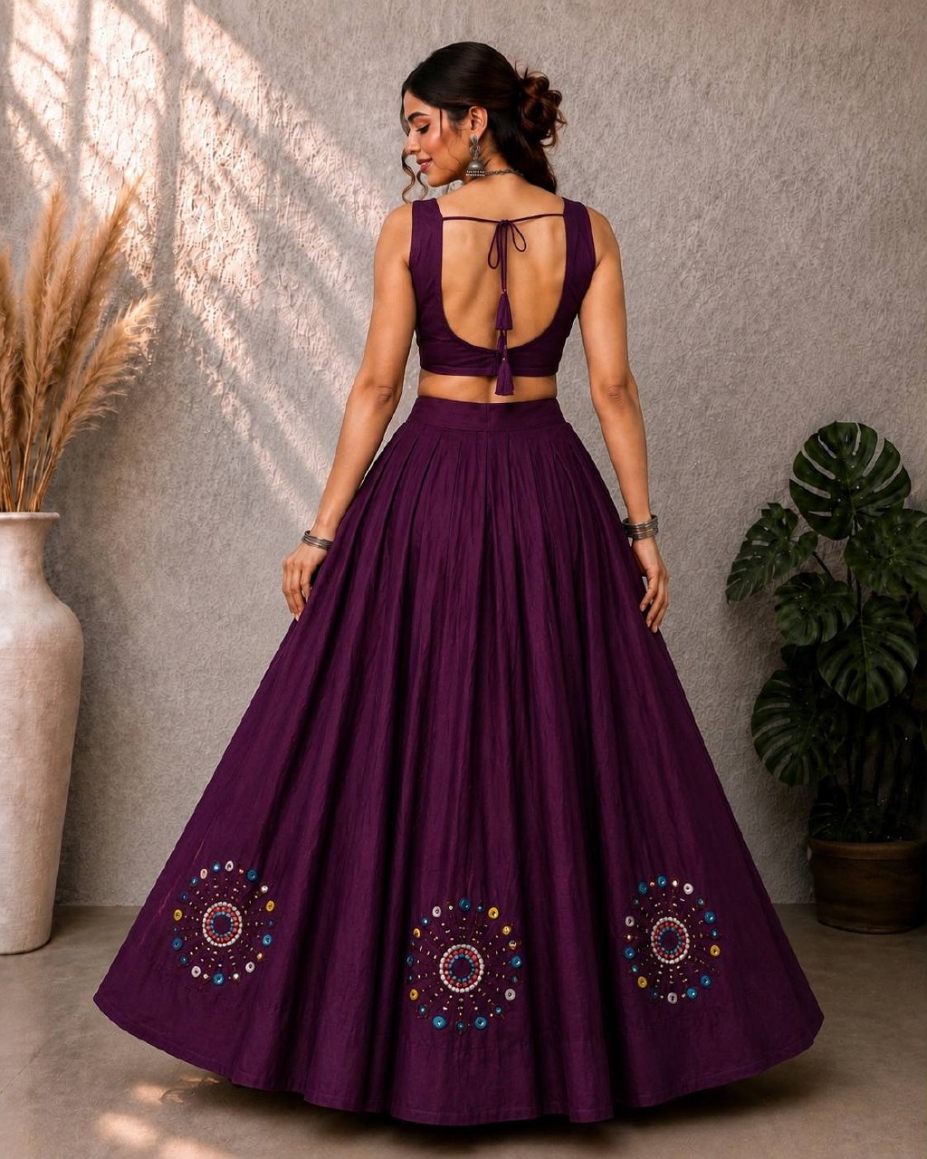 Aabha Roman Silk Lehenga Choli with Mirror & Hand Work