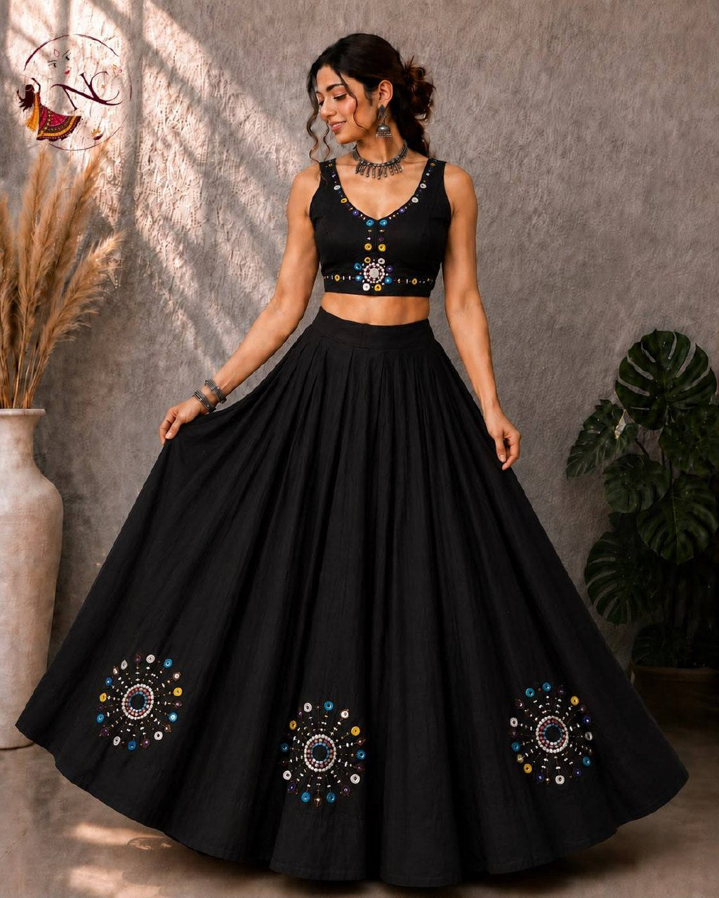 Aabha Roman Silk Lehenga Choli with Mirror & Hand Work