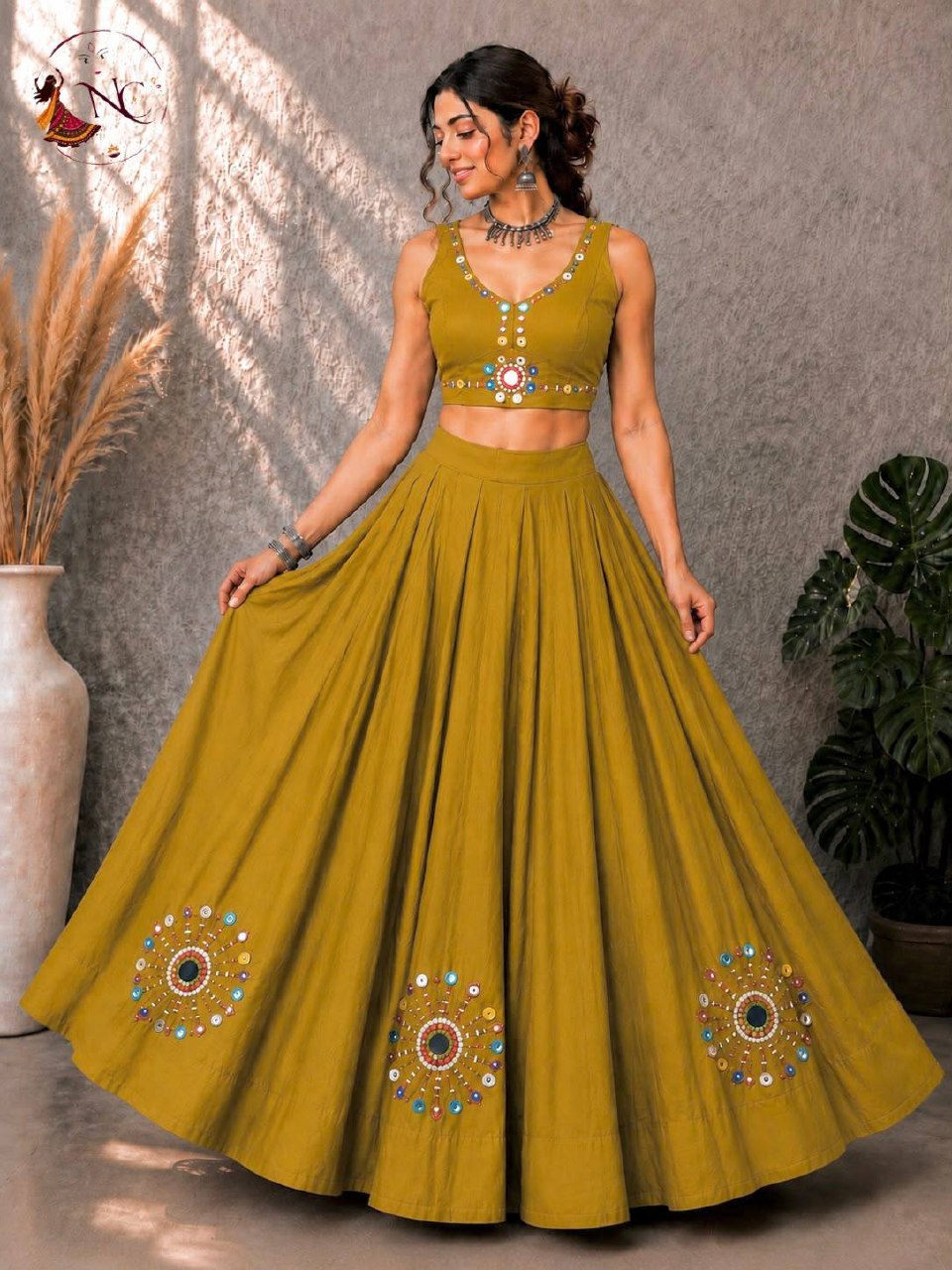 Aabha Roman Silk Lehenga Choli with Mirror & Hand Work