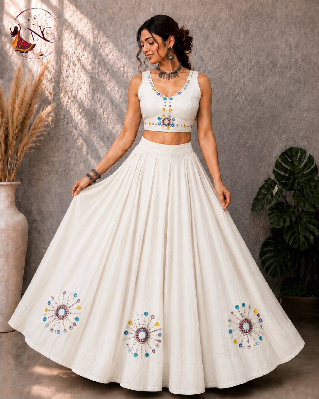 Aabha Roman Silk Lehenga Choli with Mirror & Hand Work
