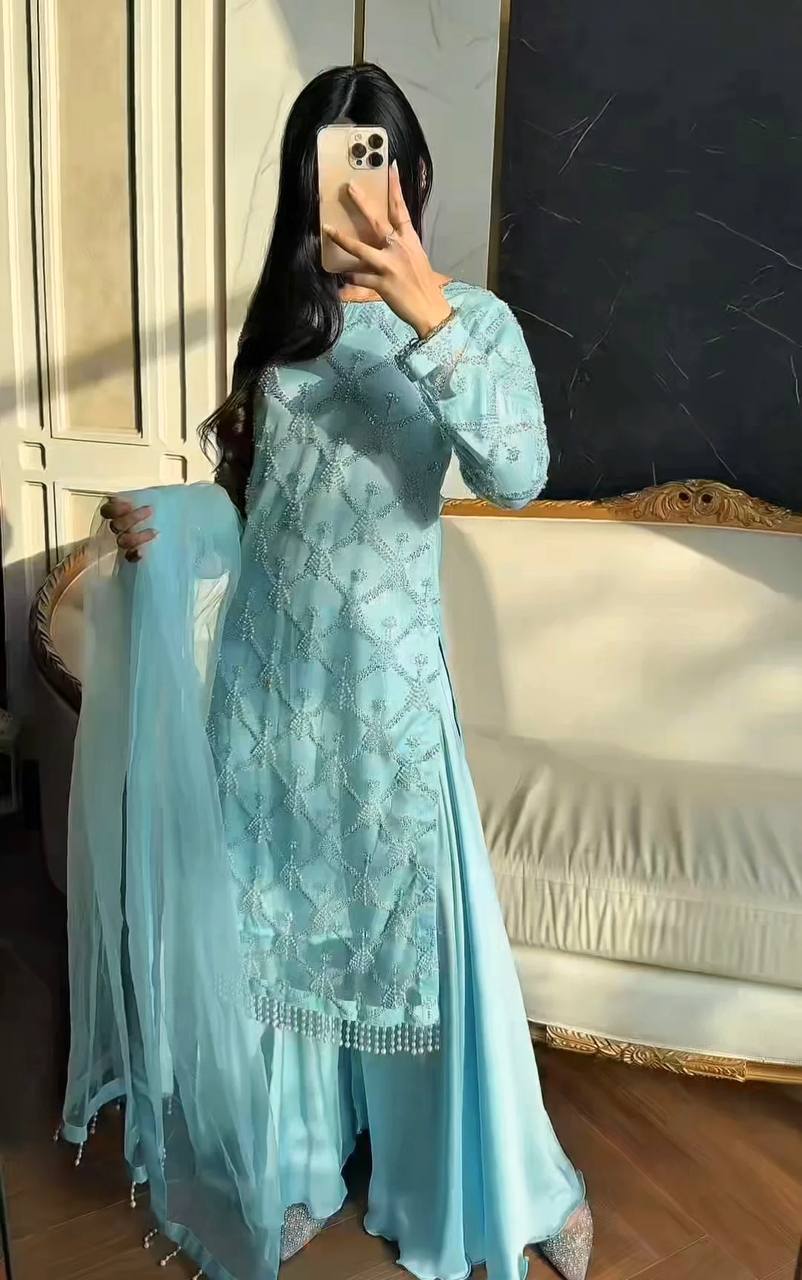 Kiarika Heavy Soft Net Pearl & Sequins Embroidered Kurti Palazzo with Dupatta Set