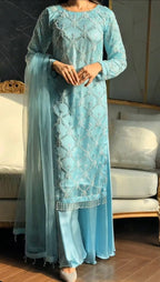 Kiarika Heavy Soft Net Pearl & Sequins Embroidered Kurti Palazzo with Dupatta Set