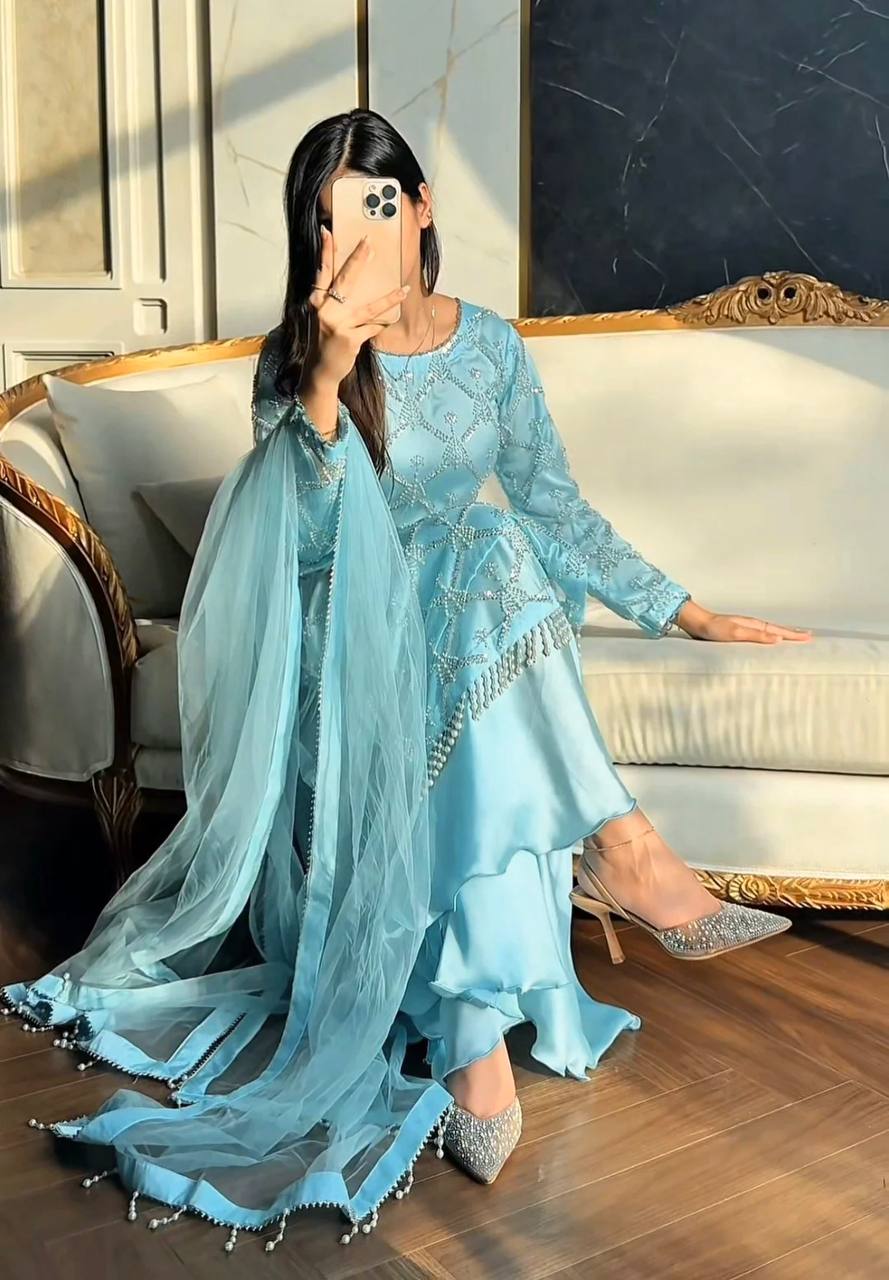 Kiarika Heavy Soft Net Pearl & Sequins Embroidered Kurti Palazzo with Dupatta Set