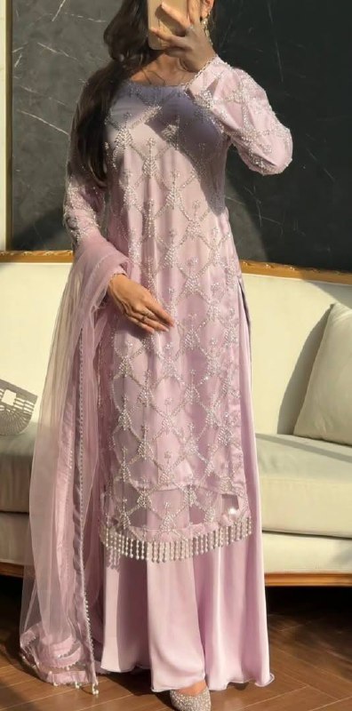 Kiarika Heavy Soft Net Pearl & Sequins Embroidered Kurti Palazzo with Dupatta Set