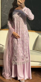 Kiarika Heavy Soft Net Pearl & Sequins Embroidered Kurti Palazzo with Dupatta Set