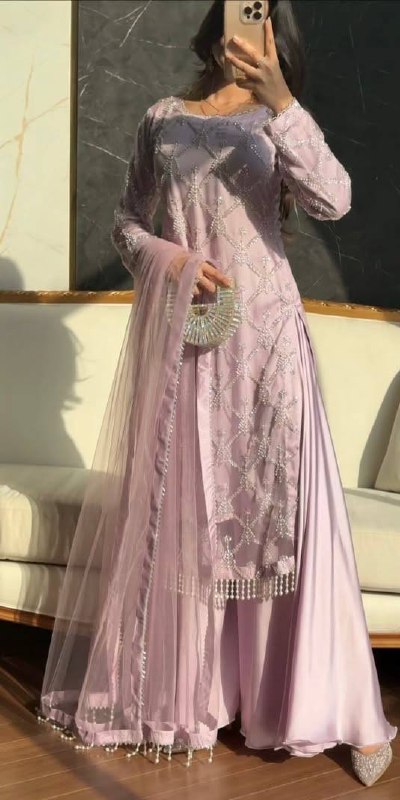 Kiarika Heavy Soft Net Pearl & Sequins Embroidered Kurti Palazzo with Dupatta Set