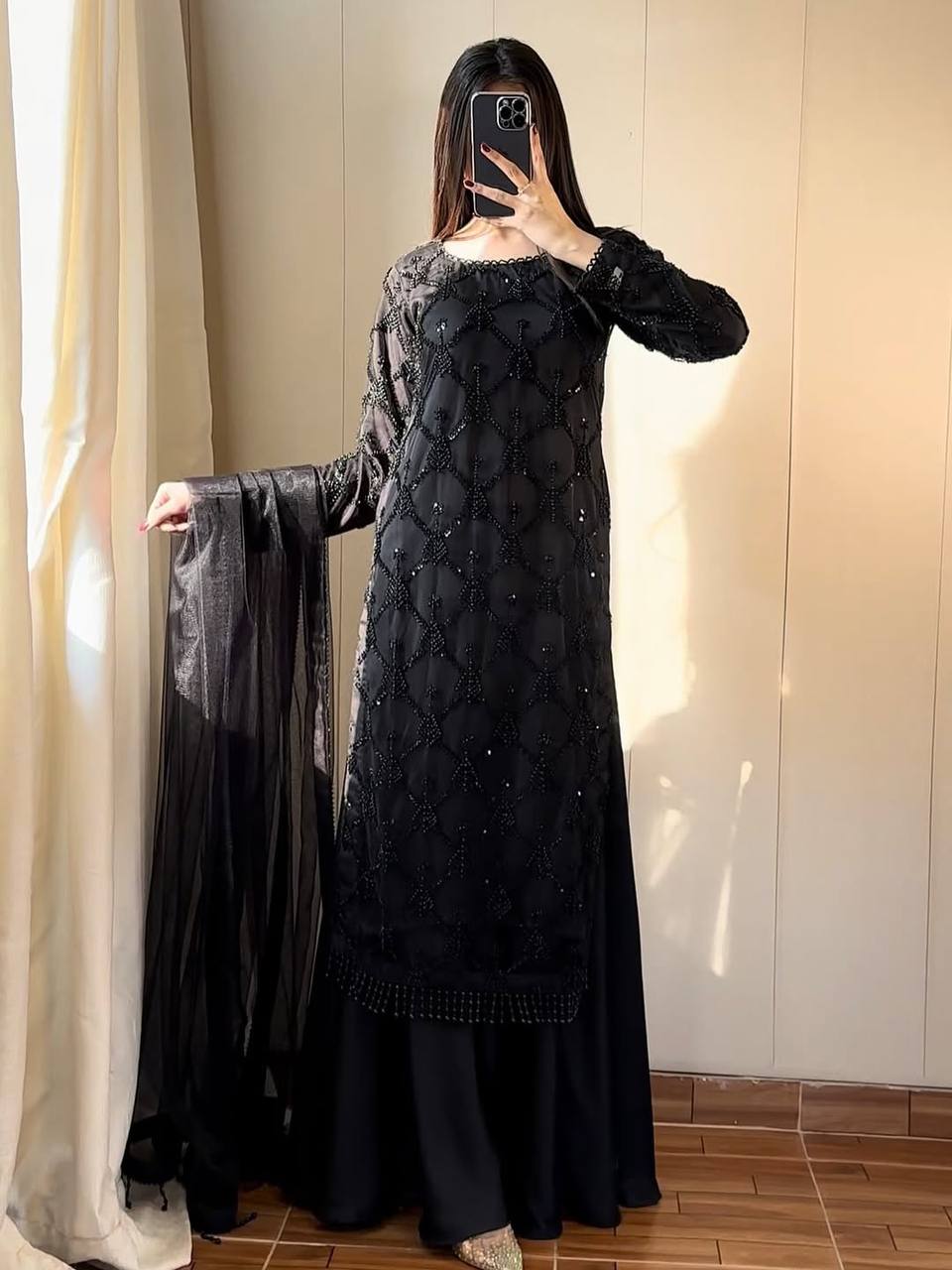 Kiarika Heavy Soft Net Pearl & Sequins Embroidered Kurti Palazzo with Dupatta Set