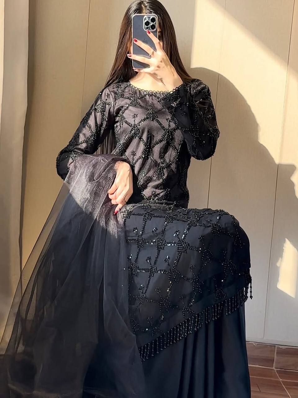 Kiarika Heavy Soft Net Pearl & Sequins Embroidered Kurti Palazzo with Dupatta Set