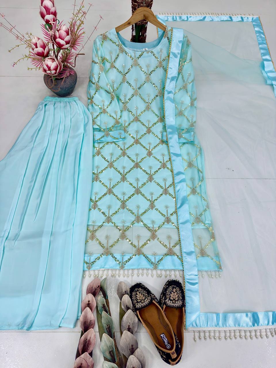 Kiarika Heavy Soft Net Pearl & Sequins Embroidered Kurti Palazzo with Dupatta Set