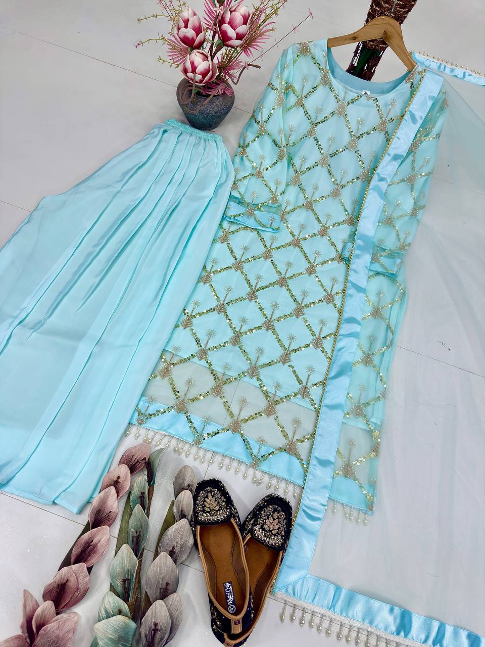 Kiarika Heavy Soft Net Pearl & Sequins Embroidered Kurti Palazzo with Dupatta Set