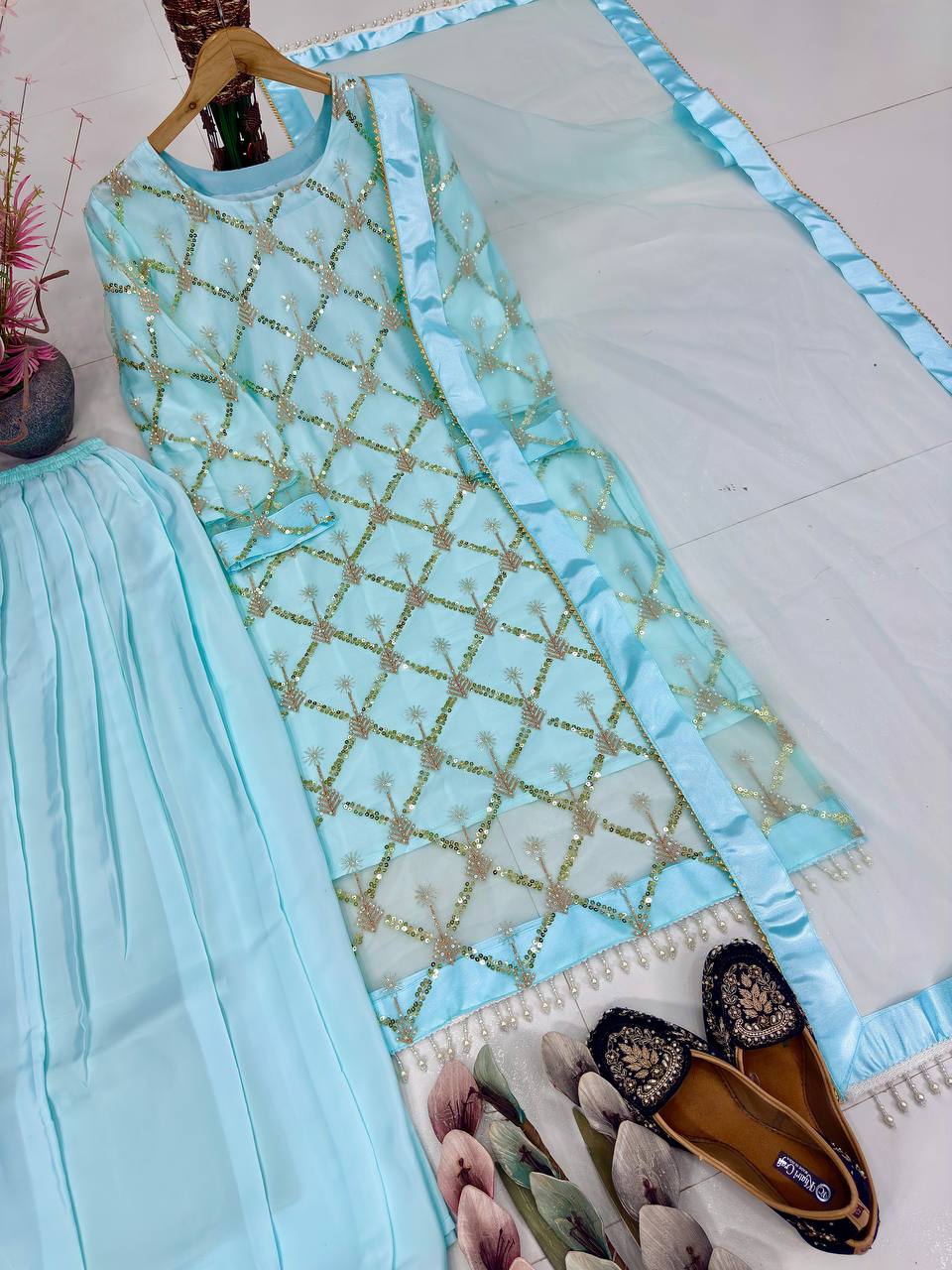 Kiarika Heavy Soft Net Pearl & Sequins Embroidered Kurti Palazzo with Dupatta Set
