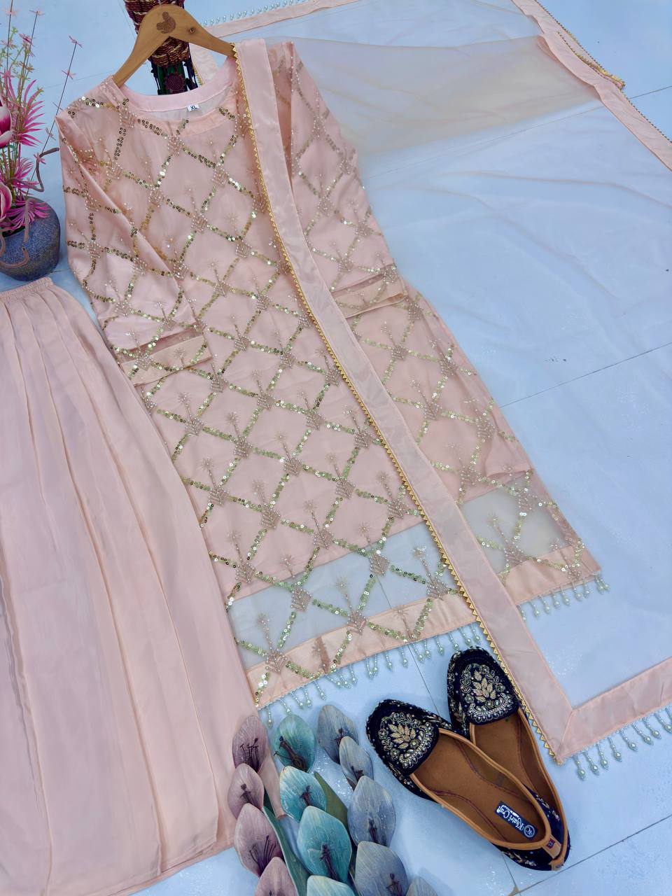 Kiarika Heavy Soft Net Pearl & Sequins Embroidered Kurti Palazzo with Dupatta Set