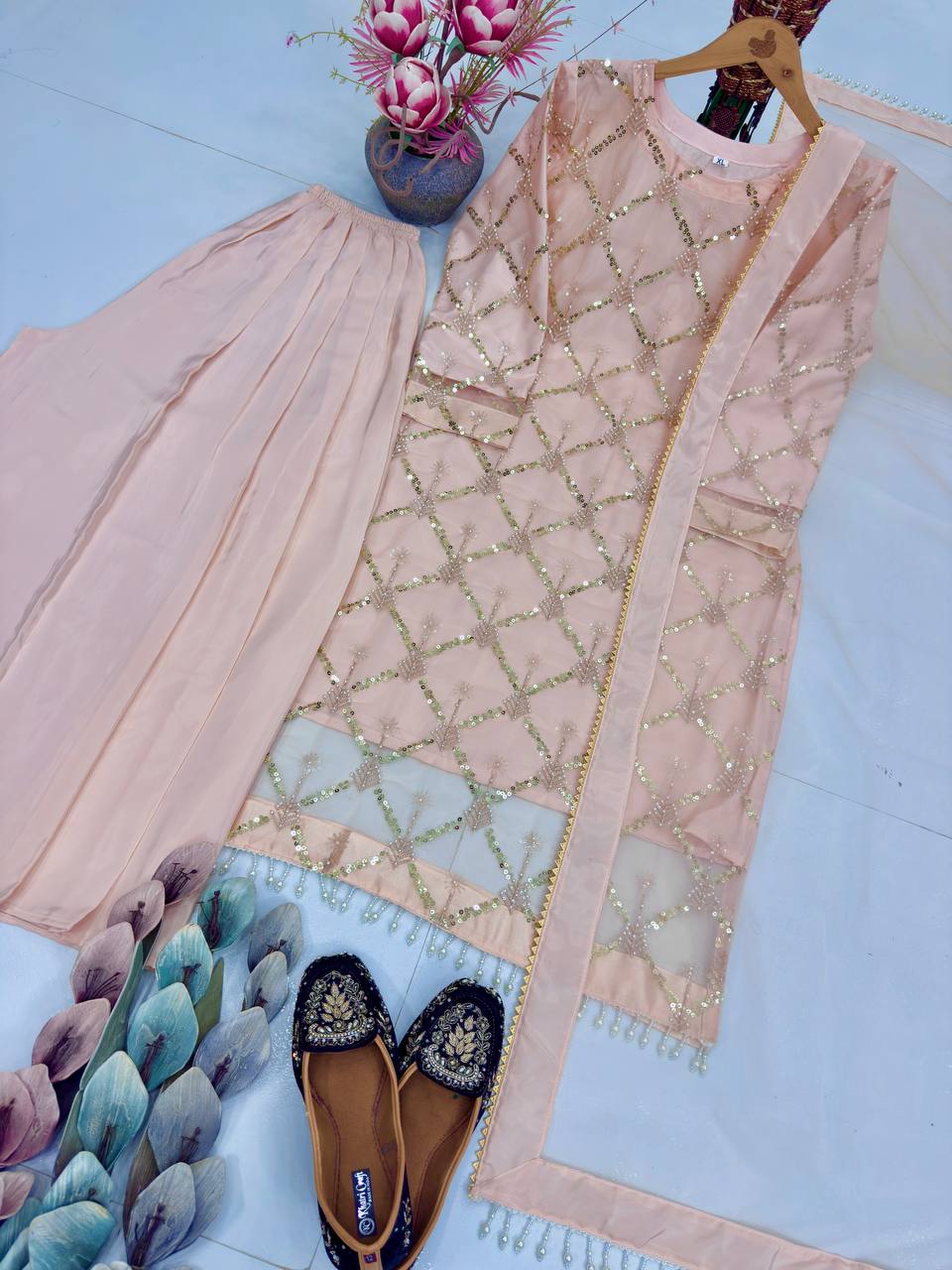 Kiarika Heavy Soft Net Pearl & Sequins Embroidered Kurti Palazzo with Dupatta Set