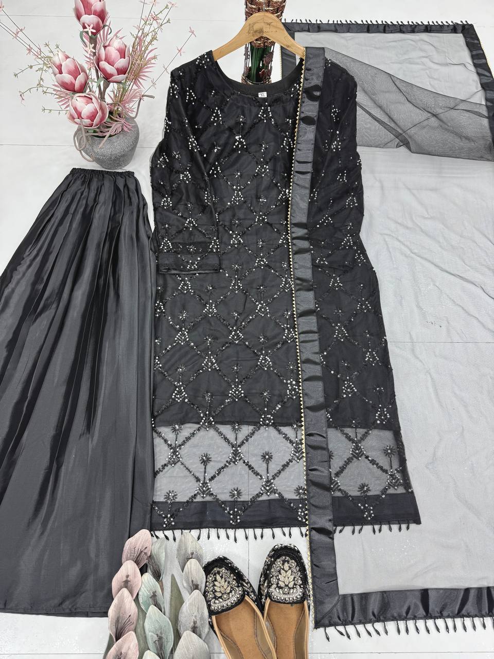 Kiarika Heavy Soft Net Pearl & Sequins Embroidered Kurti Palazzo with Dupatta Set