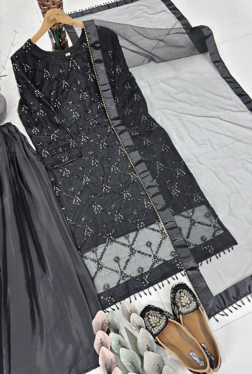 Kiarika Heavy Soft Net Pearl & Sequins Embroidered Kurti Palazzo with Dupatta Set