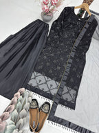 Kiarika Heavy Soft Net Pearl & Sequins Embroidered Kurti Palazzo with Dupatta Set