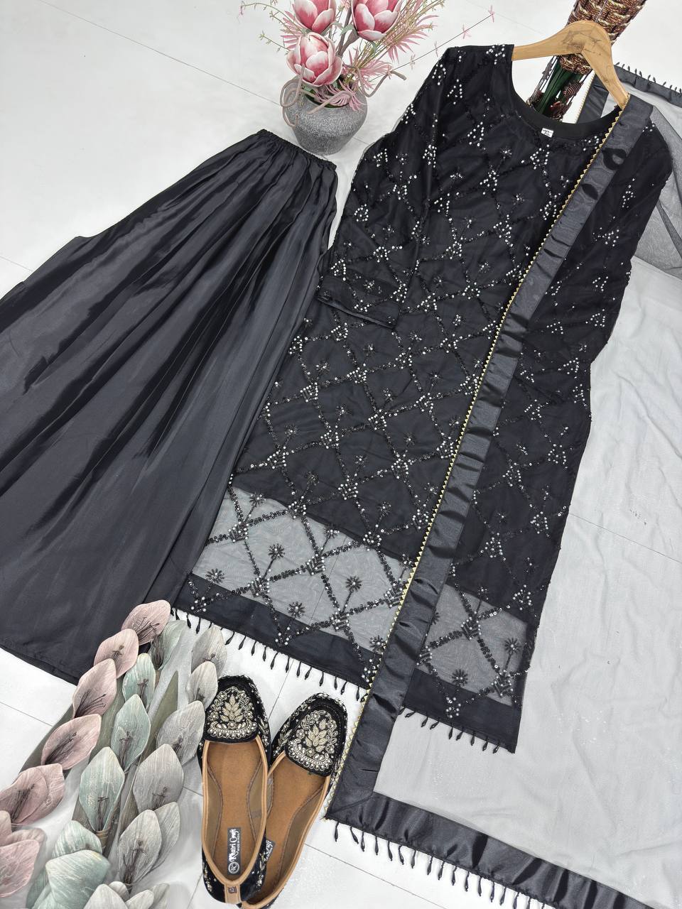 Kiarika Heavy Soft Net Pearl & Sequins Embroidered Kurti Palazzo with Dupatta Set