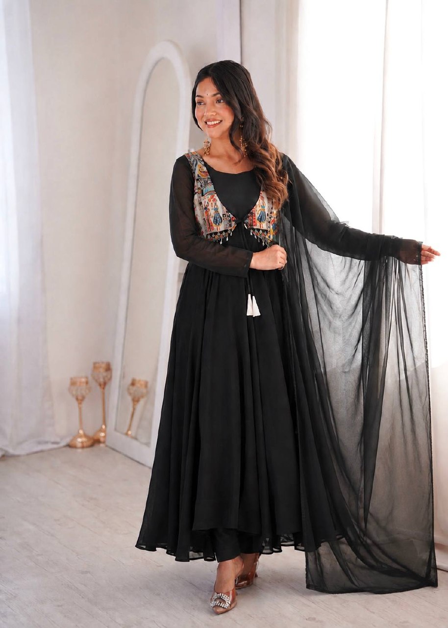 Nritya Black Georgette Anarkali Suit Set with Beautiful Koti