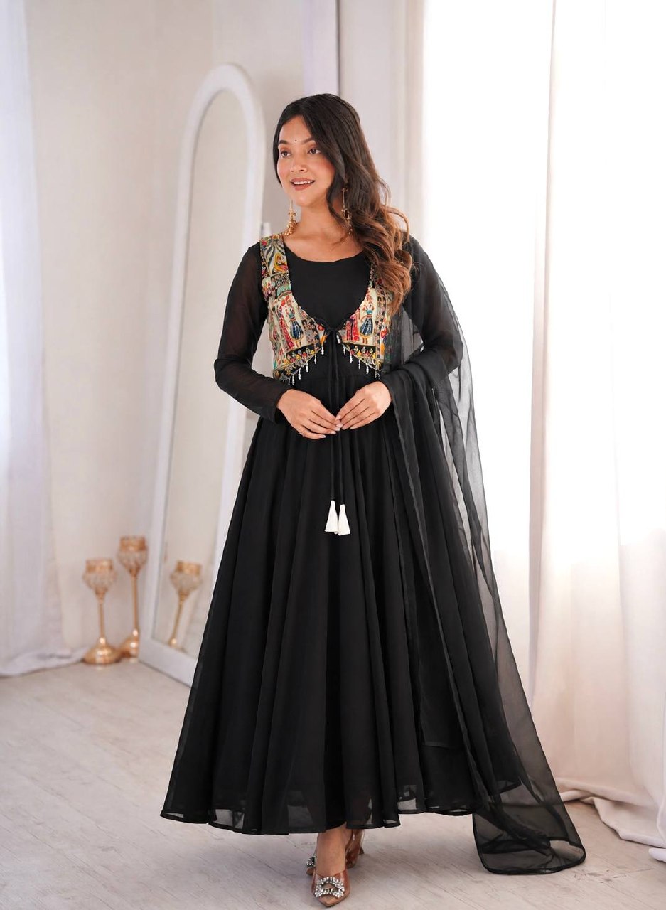 Nritya Black Georgette Anarkali Suit Set with Beautiful Koti