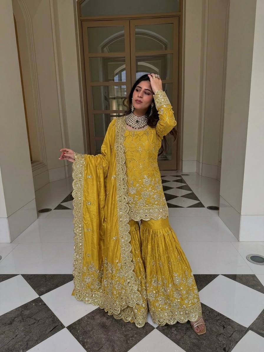 Designer Party Wear Mirror Work Sharara Set