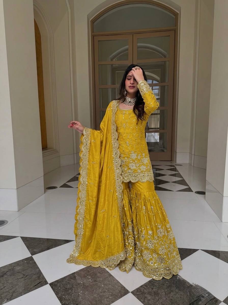 Designer Party Wear Mirror Work Sharara Set