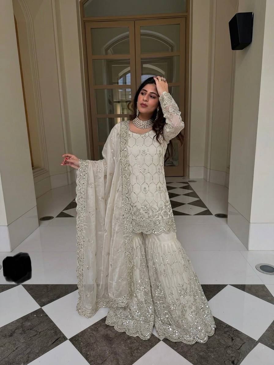 Heavy Embroidery Sequence Work Sharara Outfit