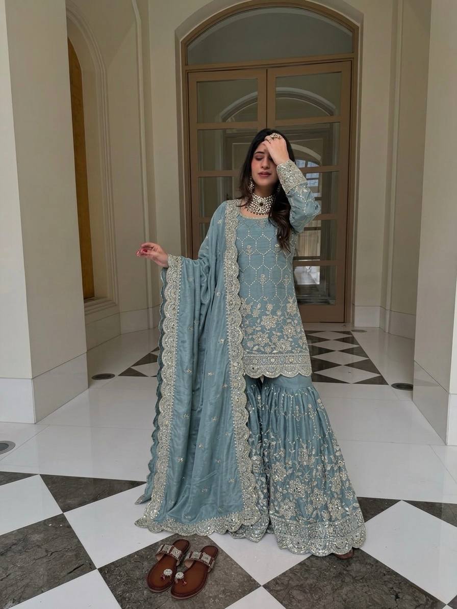 Luxury Silk Sharara Suit with Real Mirror Hand Work