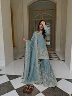 Luxury Silk Sharara Suit with Real Mirror Hand Work
