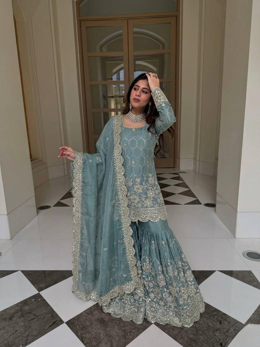Luxury Silk Sharara Suit with Real Mirror Hand Work